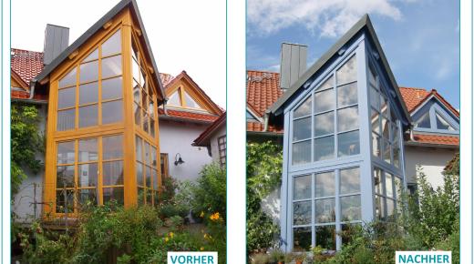 Vorher-Nachher Bild einer Holz-Fensterfront
