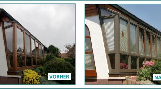 Vorher-Nachher einer Fensterfront mit Rollläden