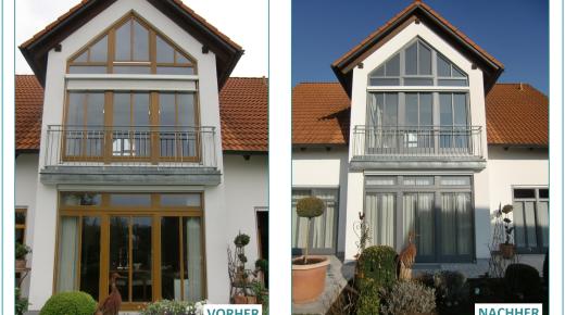 Vorher-Nachher einer zweistöckigen Fensterfront mit Balkon