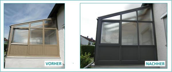 Vorher-Nachher eines Wintergartens mit strukturiertem Glas