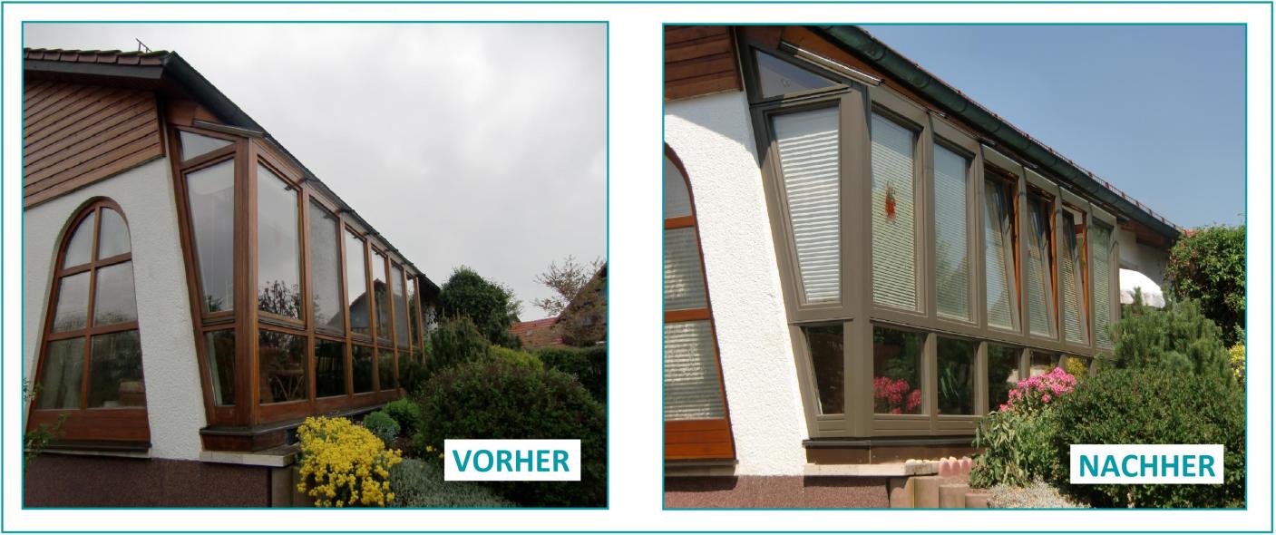 Vorher-Nachher einer Fensterfront mit Rollläden