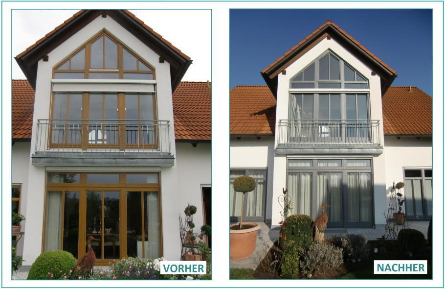 Vorher-Nachher einer zweistöckigen Fensterfront mit Balkon