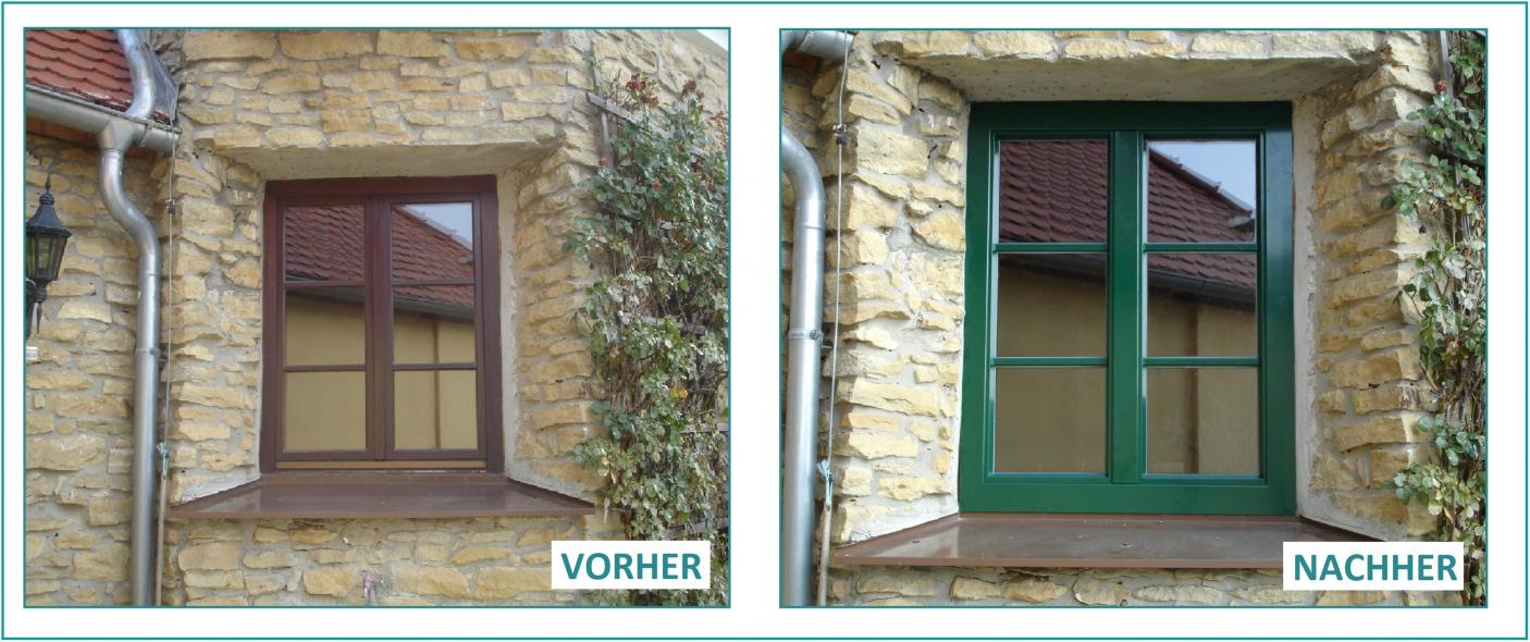 Vorher-Nachher eines Sprossenfensters in grün