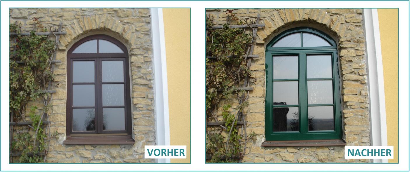 Vorher-Nachher eines Sprossenfensters mit Rundbogen