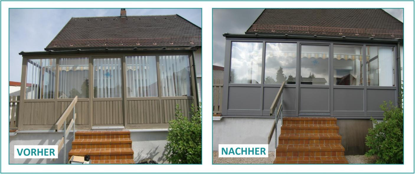 Vorher-Nachher eines Wintergartens mit Treppenaufgang