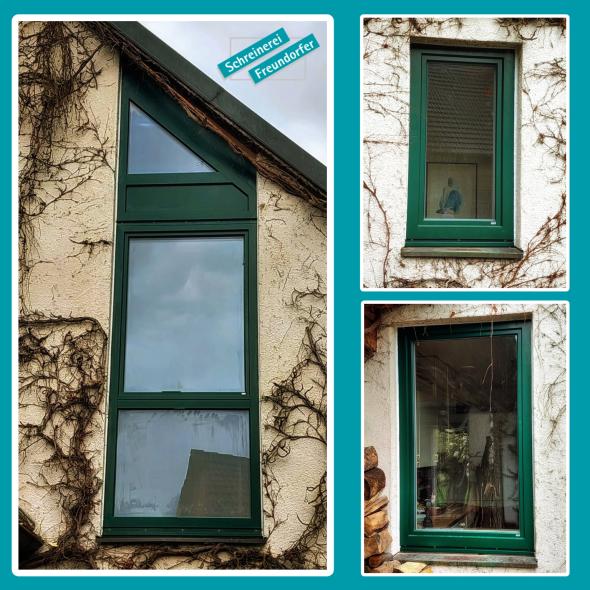Fassade nach Holzfenster-Renovierung mit Aluminium in moosgrün